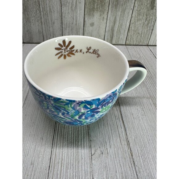 Lilly Pulitzer Set of 2 Blue Floral Tea Coffee Cups with Golden Handle 4" DIA - Picture 3 of 11